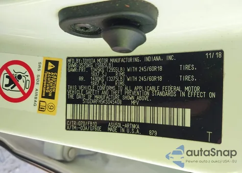 2019 Toyota Highlander Le z USA, uszkodzony, nr VIN 5TDZARFH5KS045408